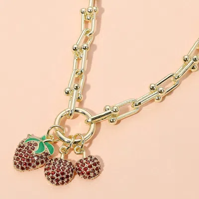 Fashnzfab 14k Gold Plated Cz Stone Paved Strawberry Cherry Charm Pendant Hardware Chunky Chain Necklace In Green