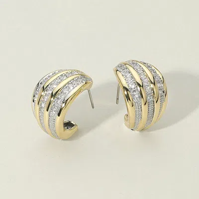 Fashnzfab 14k Gold Plated Cz Stone Paved Striped Dome Mini Hoop Earrings