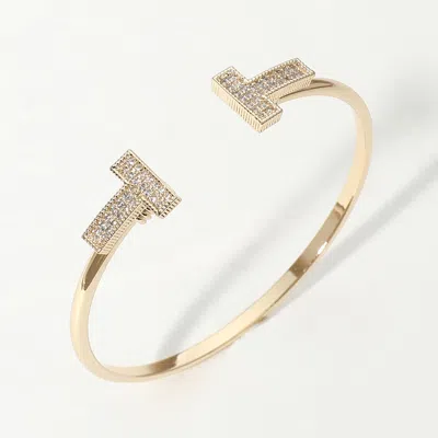 Fashnzfab 14k Gold Plated Cz Stone Paved T Tip Cuff Bracelet