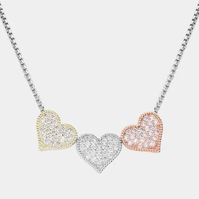Fashnzfab 14k Gold Plated Cz Stone Paved Triple Heart Pendant Necklace In Multi