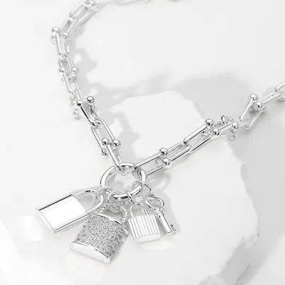 Fashnzfab 14k Gold Plated Cz Stone Paved Triple Lock Pendant Hardware Chain Necklace - Silver