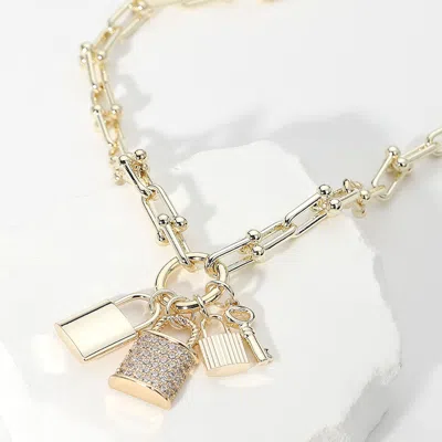 Fashnzfab 14k Gold Plated Cz Stone Paved Triple Lock Pendant Hardware Chain Necklace