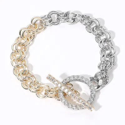 Fashnzfab 14k Gold Plated Cz Stone Paved Two Tone Chain Toggle Bracelet Two Tone In Multi