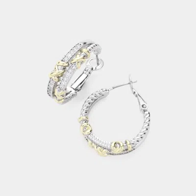 Fashnzfab 14k Gold Plated Cz Stone Paved Two Tone Crisscross Hoop Earrings In Metallic
