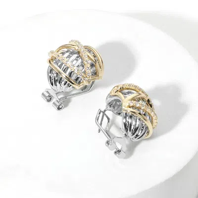 Fashnzfab 14k Gold Plated Cz Stone Paved Two Tone Geometric Button Earrings - Two Tone In Metallic