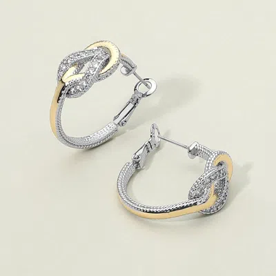 Fashnzfab 14k Gold Plated Cz Stone Paved Two Tone Knot Hoop Earrings - Two Tone In Multi