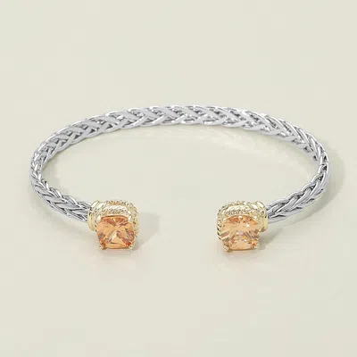 Fashnzfab 14k Gold Plated Cz Stone Tip Two Tone Braided Cuff Bracelet In Brown
