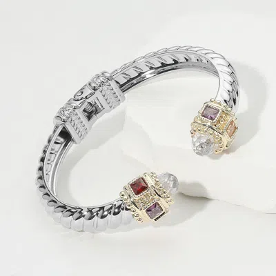 Fashnzfab 14k Gold Plated Cz Stone Tip Two Tone Twisted Hinge Cuff Bracelet In Metallic