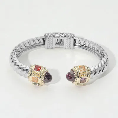Fashnzfab 14k Gold Plated Cz Stone Tip Two Tone Twisted Hinge Cuff Bracelet In Silver