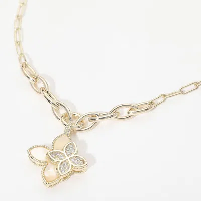 Fashnzfab 14k Gold Plated Double Cz Mother Of Pearl Floral Charm Pendant Necklace In Silver