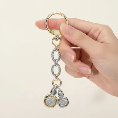 Fashnzfab 14k Gold Plated Double Cz Pave Square Charm Drop Keychain Bag Charm In Multi