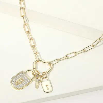 Fashnzfab 14k Gold Plated Heart Carabiner Cz Pave Padlock Key Charm Pendant Paperclip Chain Necklace In Silver