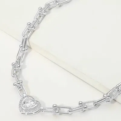 Fashnzfab 14k Gold Plated Heart Cz Stone Accent Industrial Link Chain Necklace In Silver