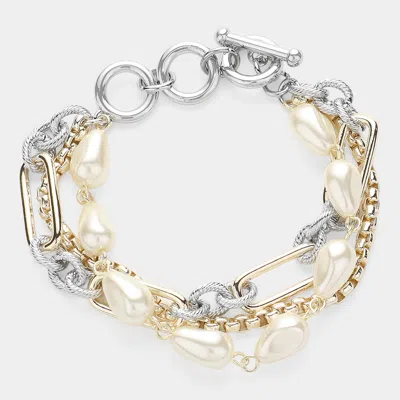 Fashnzfab 14k Gold Plated Irregular Pearl Metal Chain Toggle Bracelet In Multi