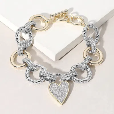Fashnzfab 14k Gold Plated Metal Link Cz Stone Paved Heart Pendant Toggle Bracelet Two Tone In Silver