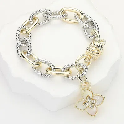 Fashnzfab 14k Gold Plated Mother Of Pearl Clover Charm Chunky Chain Magnetic Bracelet Mother Of Pearl, Two Ton In Multi