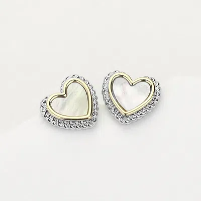 Fashnzfab 14k Gold Plated Mother Of Pearl Heart Stud Earrings In Silver
