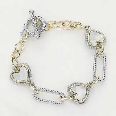 Fashnzfab 14k Gold Plated Mother Of Pearl Heart Textured Link Toggle Bracelet Mother Of Pearl, Two Tone In Multi