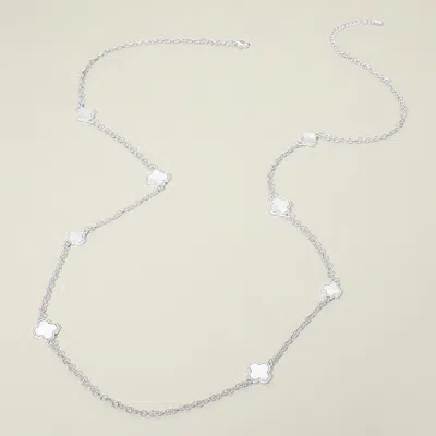 Fashnzfab 14k Gold Plated Mother Of Pearl Quatrefoil Motif Station Long Necklace - Mother Of Pearl, Rhodium In Multi