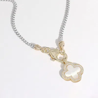 Fashnzfab 14k Gold Plated Mother Of Pearl Quatrefoil Pendant Necklace In Multi
