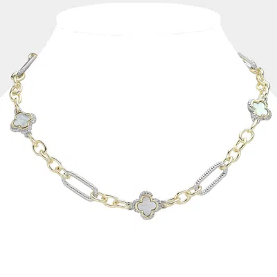Fashnzfab 14k Gold Plated Mother Of Pearl Quatrefoil Pointed Chain Necklace In Silver
