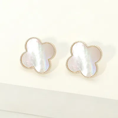 Fashnzfab 14k Gold Plated Mother Of Pearl Quatrefoil Stud Earrings In Multi