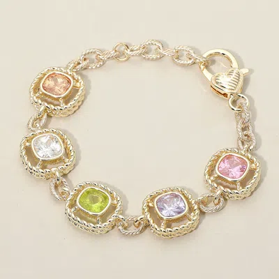 Fashnzfab 14k Gold Plated Multi Color Square Cz Stone Cushion Link Bracelet
