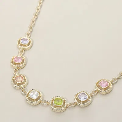 Fashnzfab 14k Gold Plated Multi Color Square Cz Stone Cushion Link Necklace