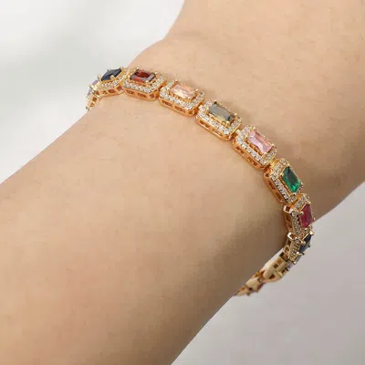 Fashnzfab 14k Gold Plated Multi Colored Emerald Cut Cz Link Tennis Bracelet