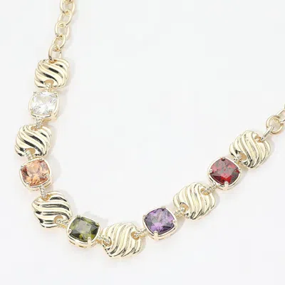 Fashnzfab 14k Gold Plated Multicolor Square Cz Cluster Textured Plate Link Station Necklace In Silver