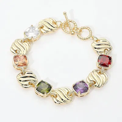 Fashnzfab 14k Gold Plated Multicolor Square Cz Cluster Textured Plate Link Toggle Bracelet In Silver