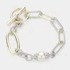 Fashnzfab 14k Gold Plated Pearl Pointed Cz Stone Paved Link Toggle Bracelet Two Tone In Gold