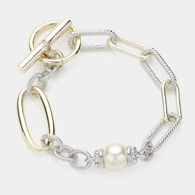 Fashnzfab 14k Gold Plated Pearl Pointed Cz Stone Paved Link Toggle Bracelet Two Tone