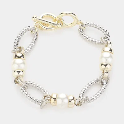 Fashnzfab 14k Gold Plated Pearl Pointed Two Tone Textured Metal Link Toggle Bracelet In Multi