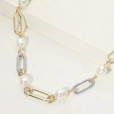 Fashnzfab 14k Gold Plated Pearl Station Two Tone Oval Link Chain Necklace In Silver