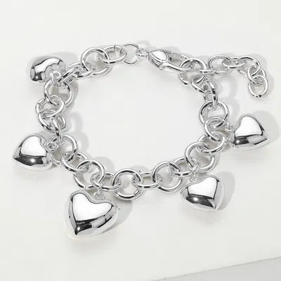Fashnzfab 14k Gold Plated Puffy Heart Charm Station Bracelet Rhodium In Multi