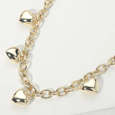 Fashnzfab 14k Gold Plated Puffy Heart Charm Station Chain Necklace