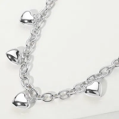 Fashnzfab 14k Gold Plated Puffy Heart Charm Station Chain Necklace In Metallic