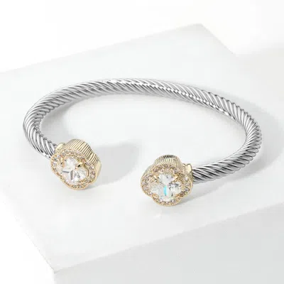 Fashnzfab 14k Gold Plated Quatrefoil Cz Stone Tip Twisted Cuff Bracelet In Metallic