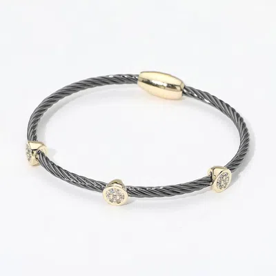Fashnzfab 14k Gold Plated Round Cz Bezel Around Twisted Magnetic Bangle Bracelet In Gray