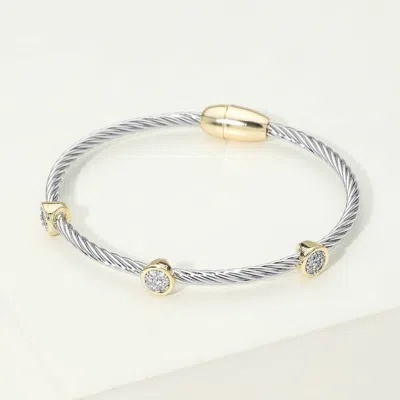 Fashnzfab 14k Gold Plated Round Cz Bezel Around Twisted Magnetic Bangle Bracelet In Metallic