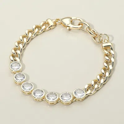 Fashnzfab 14k Gold Plated Round Cz Bezel Link Curb Chain Bracelet