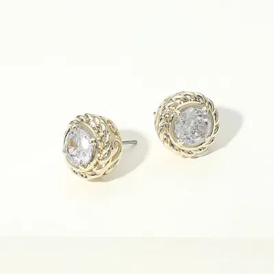 Fashnzfab 14k Gold Plated Round Cz Center Frame Stud Earrings In Multi