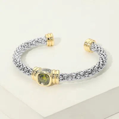 Fashnzfab 14k Gold Plated Round Cz Stone Accent Two Tone Textured Cuff Bracelet In Metallic