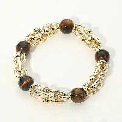 Fashnzfab 14k Gold Plated Round Natural Stone Accent Beaded Chain Stretch Bracelet