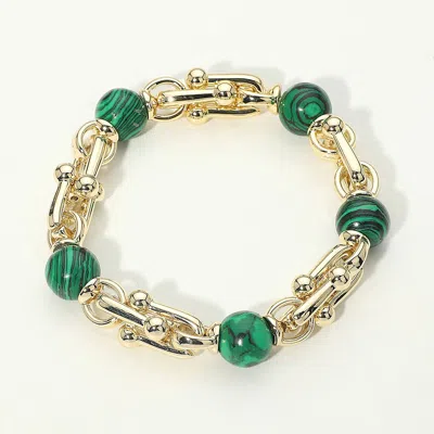 Fashnzfab 14k Gold Plated Round Natural Stone Accent Beaded Chain Stretch Bracelet