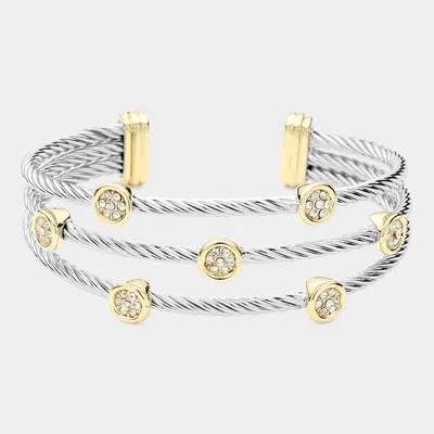 Fashnzfab 14k Gold Plated Round Stone Bezel Pointed Two Tone Split Cuff Bracelet In Multi