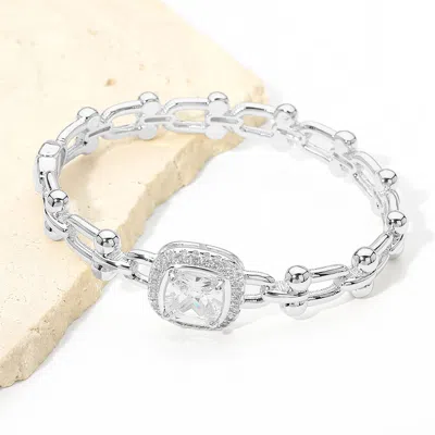 Fashnzfab 14k Gold Plated Square Cz Stone Accent Industrial Link Hinged Bangle Bracelet In Gray