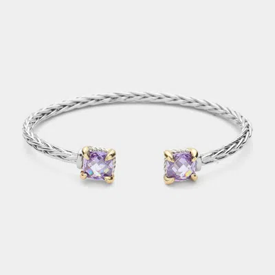 Fashnzfab 14k Gold Plated Square Cz Stone Cluster Tip Cuff Bracelet In Metallic