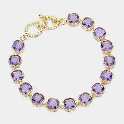 Fashnzfab 14k Gold Plated Square Cz Stone Link Evening Toggle Bracelet Amethyst, Gold In Purple